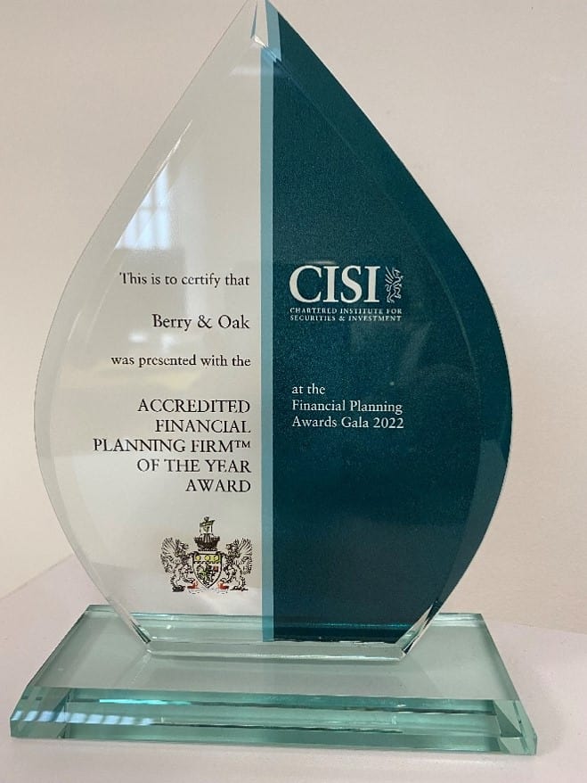 A glass trophy displays the CISI logo and the Berry & Oak name. 